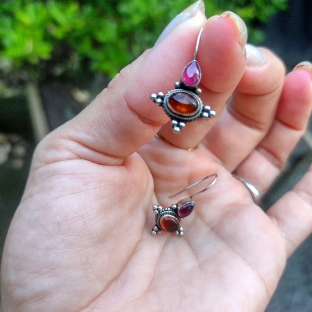 SS 925 Garnet And Amber Earrings - Picture 4 of 8
